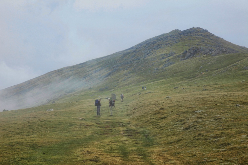 Walkers in misty mountain trail