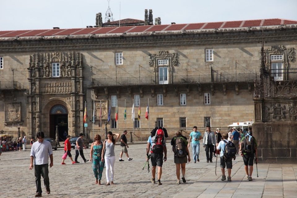 hikers gathering in the square in Santiago