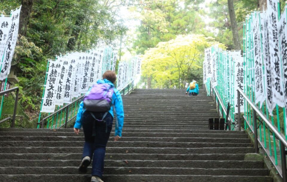Hiker walking up steps along Kumano Kodo trail