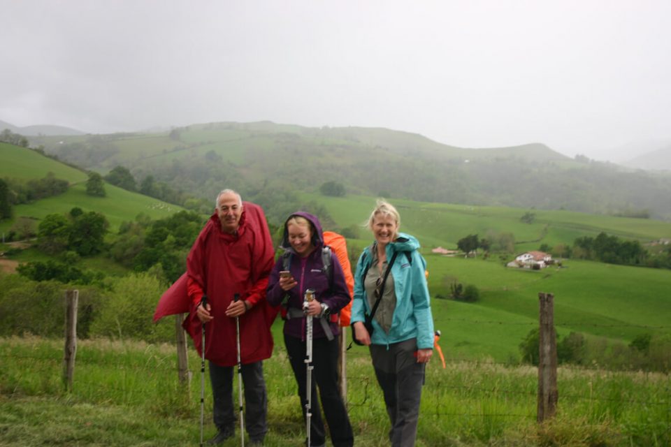 Three hikers with rolling green hills behind them