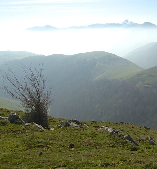 A woman hiker in the Pyrenees mountains on day 1 of the Camino Frances pilgrim trail.