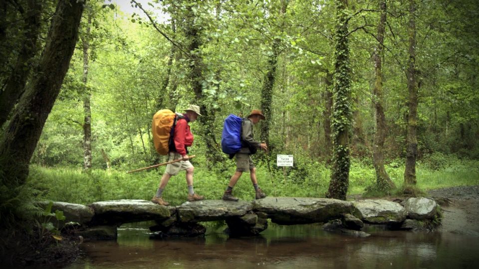 Camino Hikers walking across a bridge in the forest