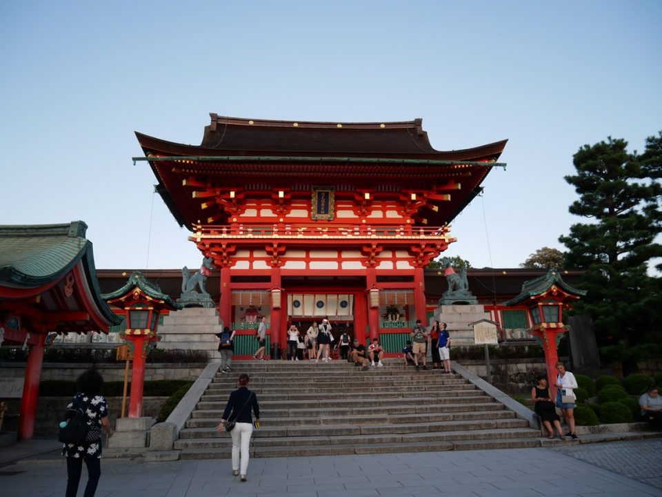 Japanese temple at the top of steep steps along Kumano Kodo Trail.