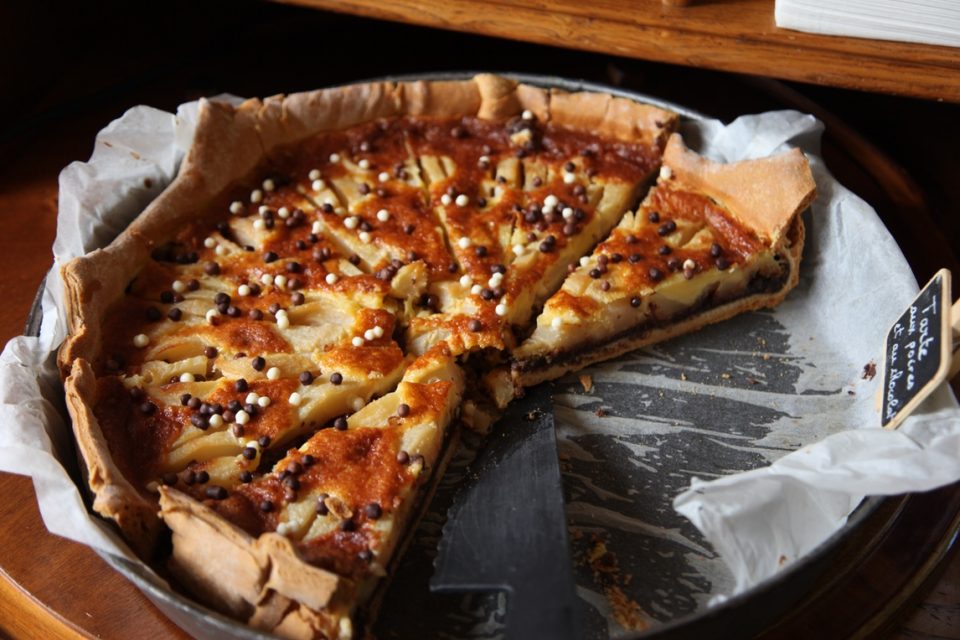 Close-up of a pear tart, called Tarte aux Poires in French.