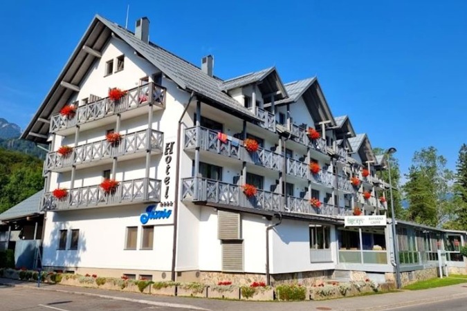 Hotel Jerezo, Lake Bohinj, Slovenia Exterior of a traditional whitewashed hotel in Slovenia near Lake Bohinj