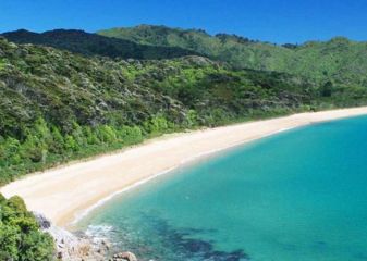 Abel Tasman National Park Gorgeous turquoise waters surrounded buy white sandy beach and lush green forest.