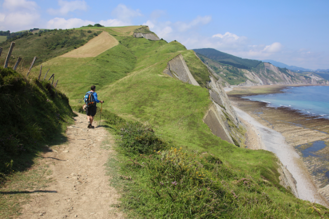 Camino del Norte A Walker along a cliffside track, hiking the Camino del Norte
