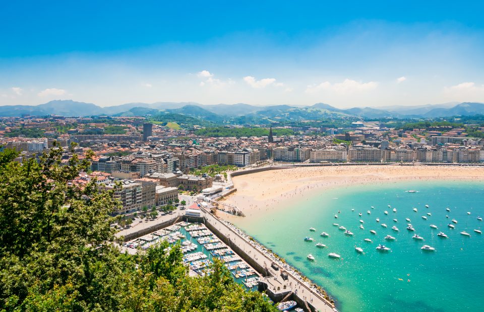 La Concha Beach, San Sebastian, Camino del Norte, Spain Aerial view of the resort town of San Sebastian and its famous and beautiful beach - La Concha.