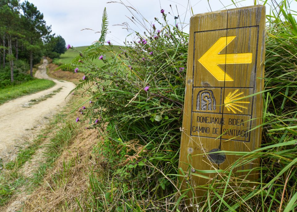 Landscapes On El Camino In The Basque Coast Unesco Global An arrow marker along the Camino del Norte trail.