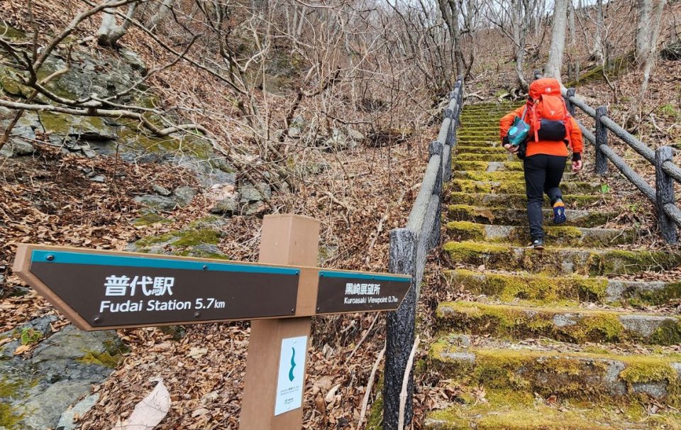 Climbing steps along Michinoku Coastal Trail