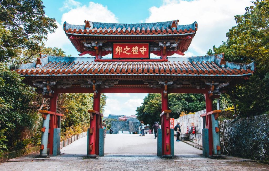 Vibrant red Japanese temple gate
