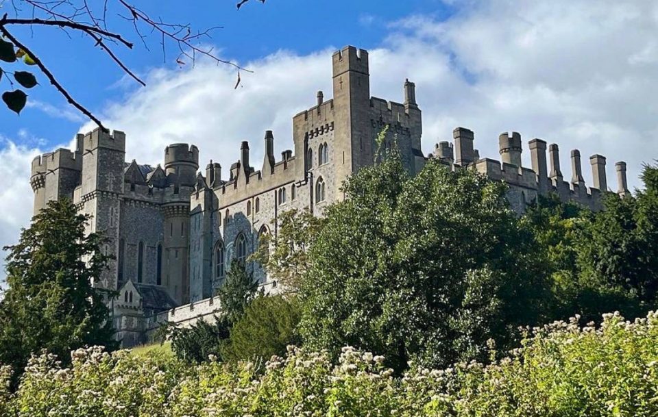 Magnificent castle surrounded by dense foliage of trees and bushes in a picturesque landscape.