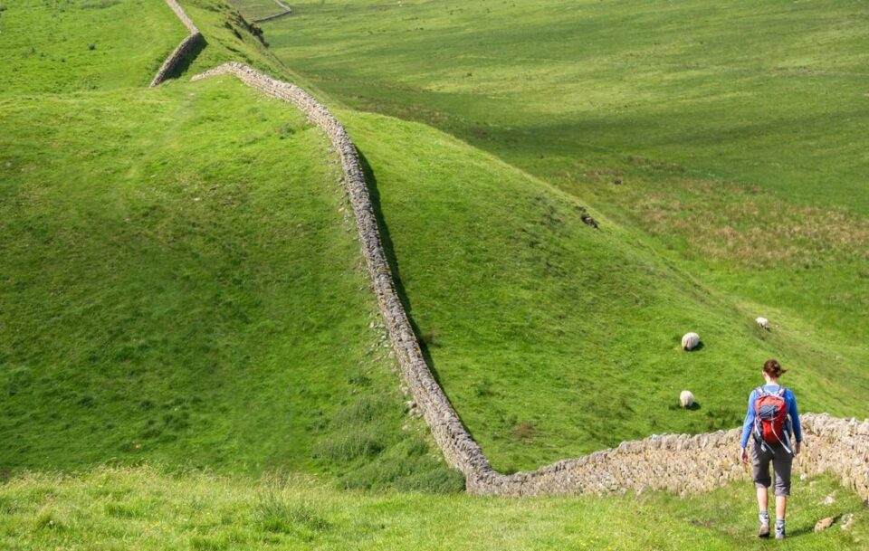 Hadrians wall path on a lush green hill.