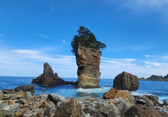 Coastal rock formations on the famous Miyako coastline, Michinoku Coastal Trail, Japan