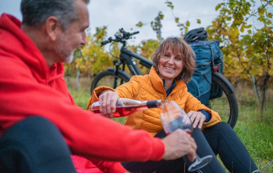 Cyclists having a lunch break in Slovenia.