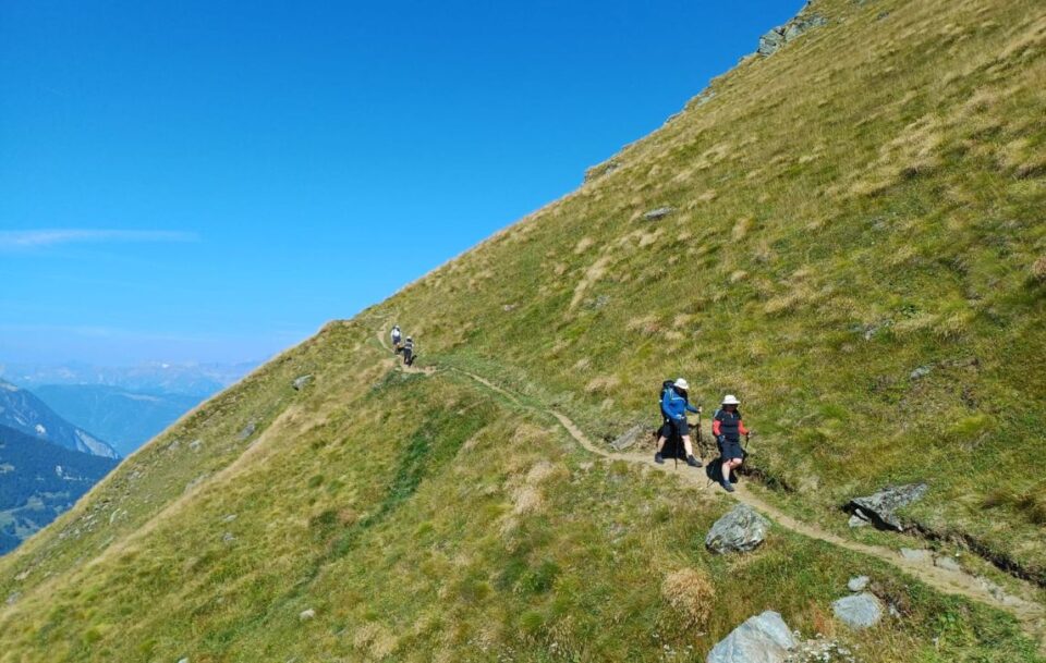 Hikers descending a narrow mountain trail on Switzerland's Walker's Haute Route, surrounded by treeless green hills on a sunny day.
