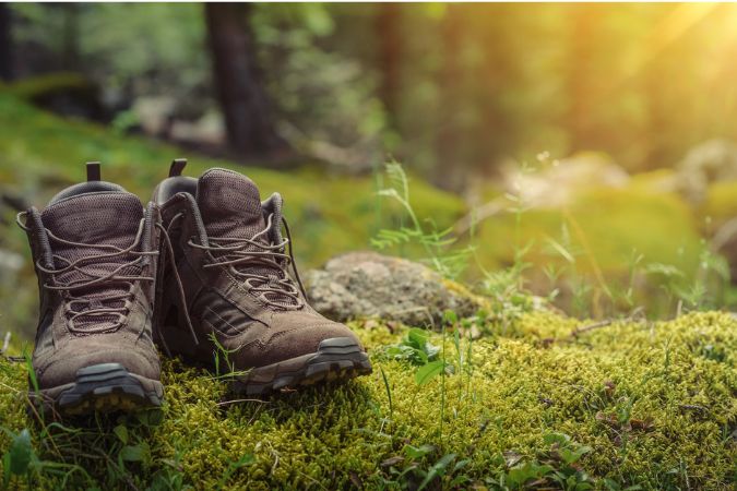 Treading Lightly image of boots Hiking Boots sitting on mossy landscape