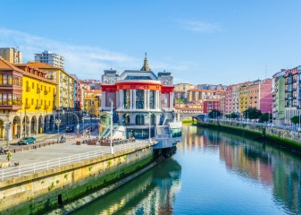 Bilbao, Spain, Camino del Norte Watefront in the Spanish city of Bilbao with colourful multi-story buildings