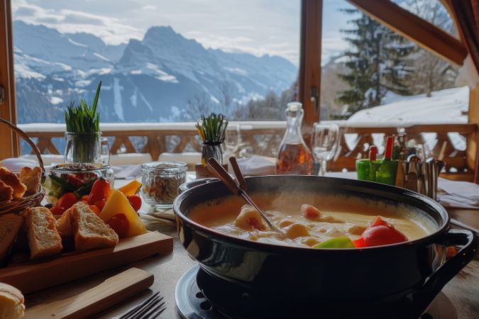 Fondue, Chamonix, French Alps Large bowl of cheesy fondue with bread on a table with mountain views.