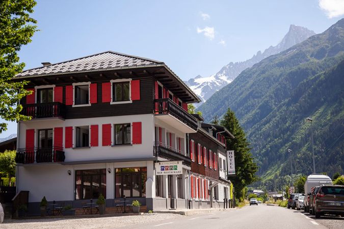 La Chaumiere Lodge, Chamonix Exterior of a lodge in Chamonix in the French Alps with mountains in the background