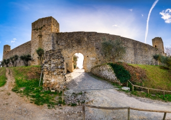 Monteriggioni castle, Siena, Italy, Via Francigena Stone ruins of Monteriggioni castle in Siena, Italy, on the Via Francigena