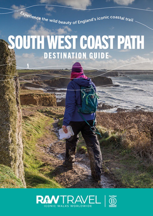 Cover of an ebook titled: South West Coast Path Destination Guide, with a walker on a windswept, dirt coastal path