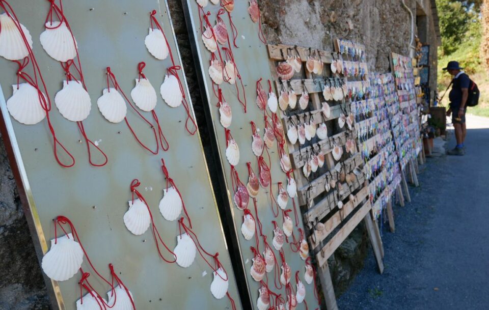 Shells and other souvenirs sold at road stall along Sarria to Santiago Camino