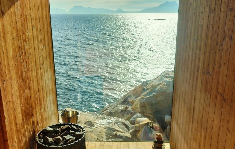 View from the sauna Lofoten Islands Norway