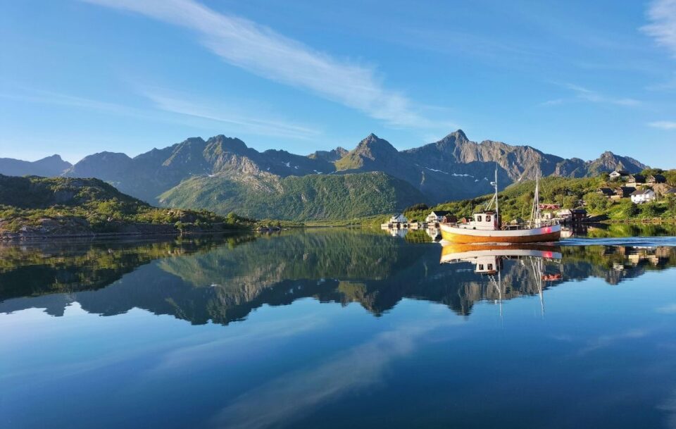 Fishing boat on the water, Lofoten Islands Norway
