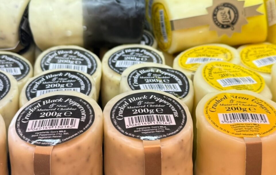 Closeup of mature cheddar cheeses on the Isle of Arran in Scotland