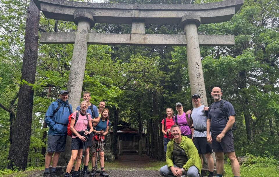 Group Hikers Nakasendo Way Japan Temple entrance
