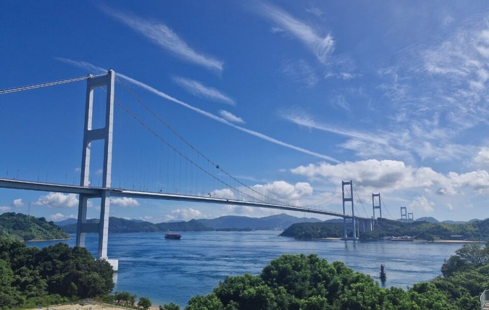 The Kurushima Kaikyo suspension bridge over Japan's inland sea, Shimanami Kaido