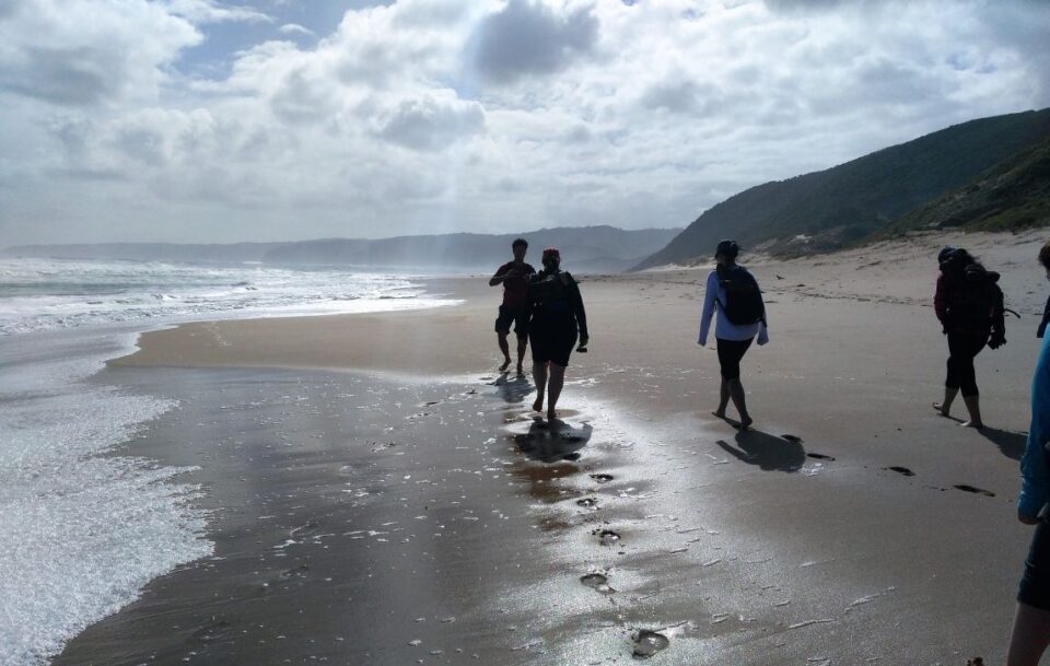 Silhouettes of hikers on a remote beach, leaving footprints in the sand along the Great Ocean Walk.