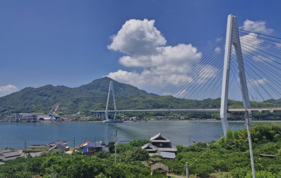 Cables of the Tatara Bridge on the Shimanami kaido cycling route, Japan.