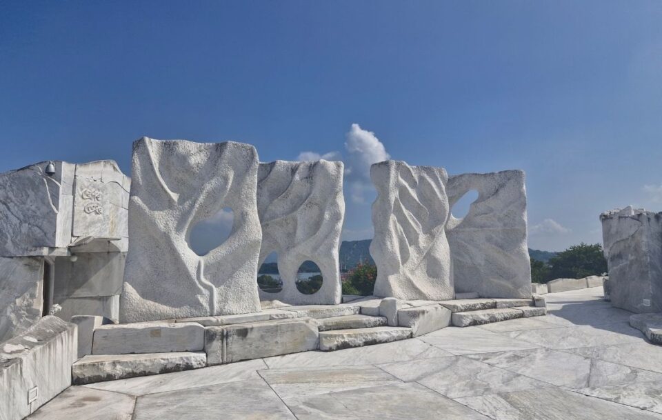 Large white marble statues at the Hill of Hope, Kosanji Temple, Ikuchijima Island