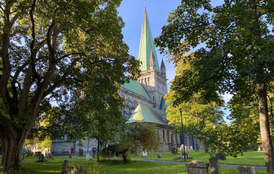 Exterior of Nidaros Cathedral in Trondheim, Norway, partly masked by green trees