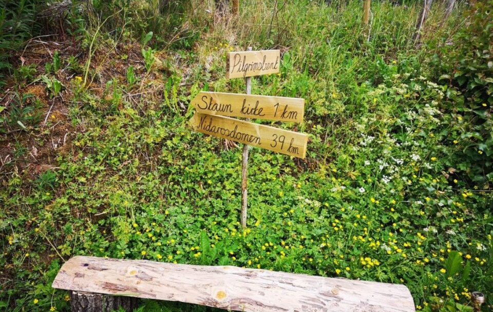 Wooden signs pointing towards various locations on St Olav's Way