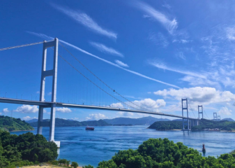 Side view of Kurushima Bridge leading to Imabari on the Shimanami Kaido.