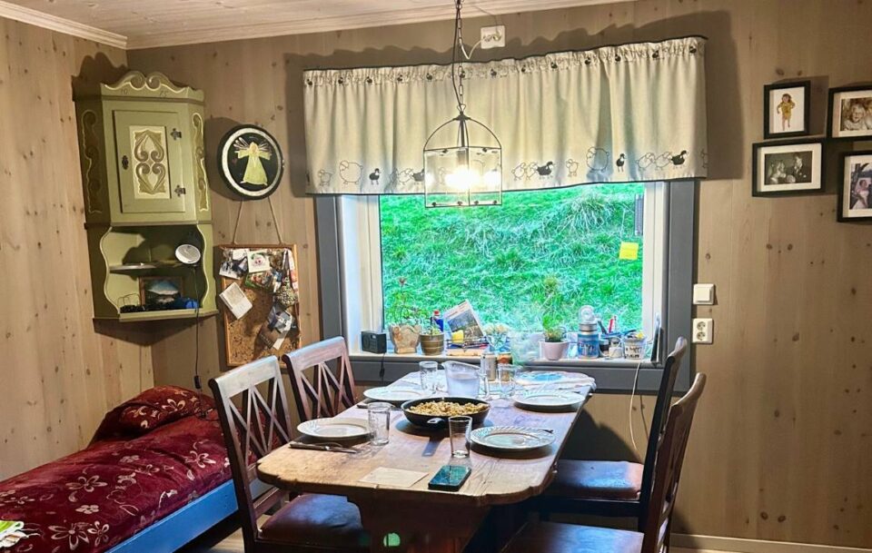 Communal dining room in a guesthouse along St Olav's Way, Norway.