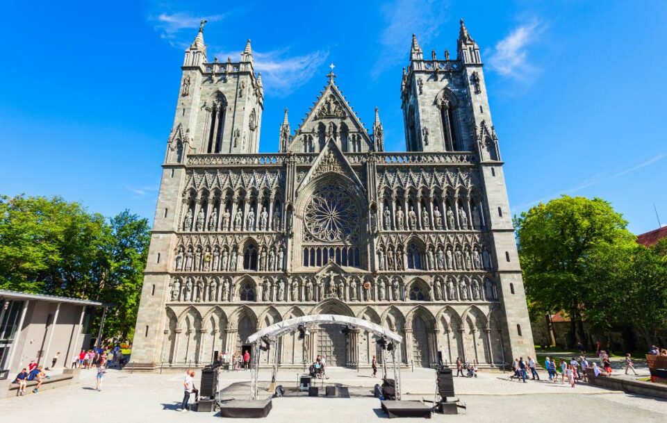 Exterior of the Gothic Nidaros Cathedral in Trondheim Norway.