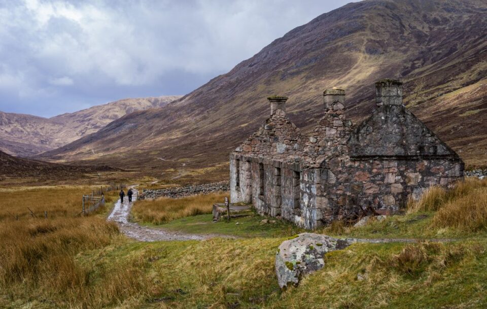 Farmhouse ruins in the Scottish Highlands along the West Highland Way.