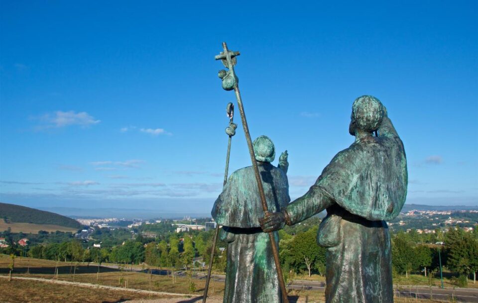 Monte do Gozo bronze pilgrim statues looking towards Santiago, Camino de Santiago.