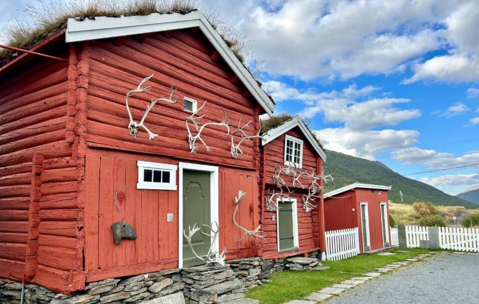 Charming red Norwegian cabins adorned with antlers, set in scenic surroundings.