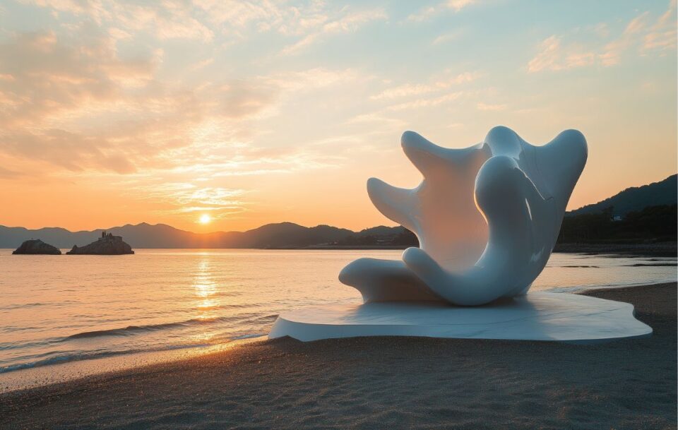 Large-scale abstract contemporary art installation on Naoshima Island at sunset.