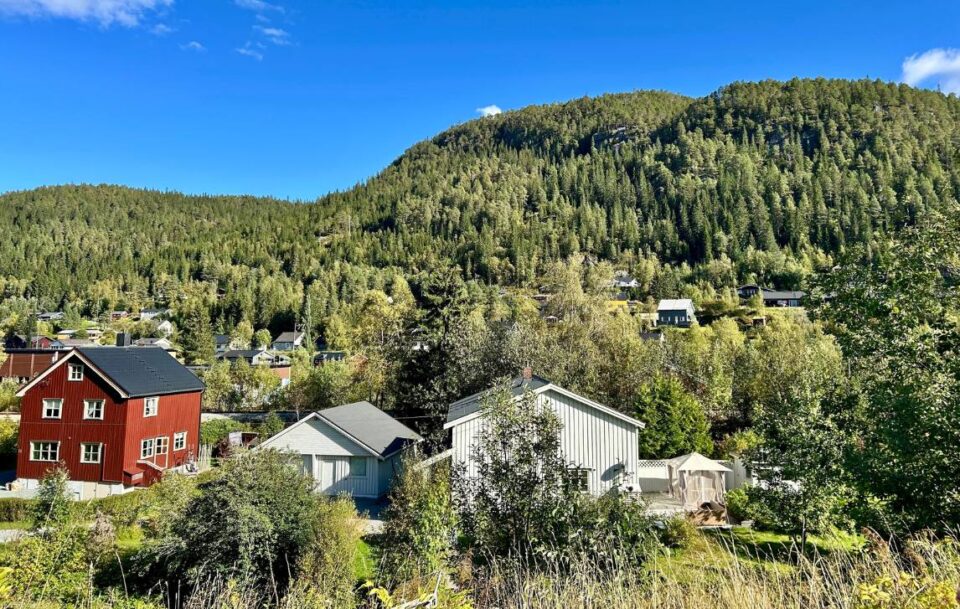 Scenic mountain landscape with dense pine forests and a few houses nestled below, St Olav's Way, Norway.