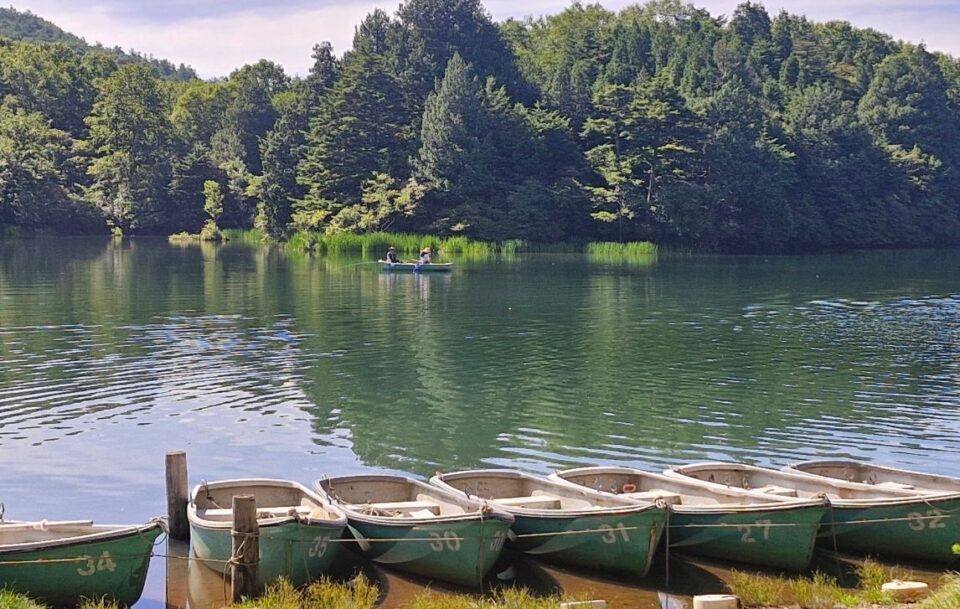 Row Boats tied up for hire Yuno Lake, Nikko Japan