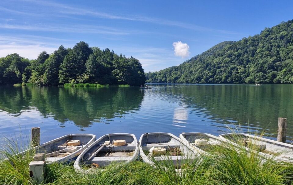 Row boats lined up on shore of Yuno Lake Nikko Japan