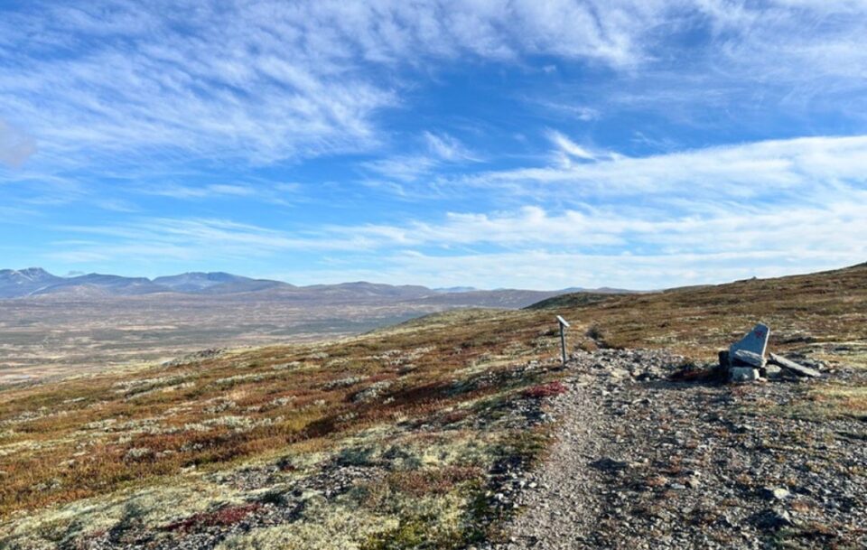 A simple plaque and waymarker on the flat and sparse Dovre Plateau, St Olav's Way, Norway