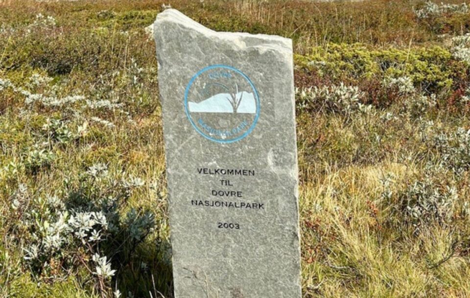 Closeup of a stone waymarker in Dovrefjell National Park on St Olav's Way, Norway