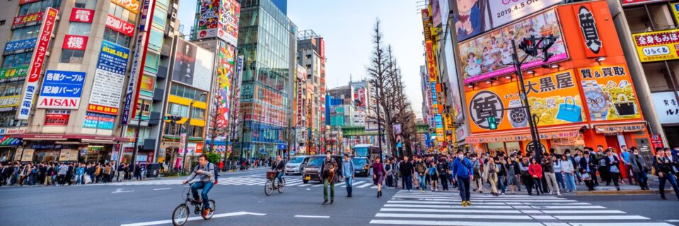 Vibrant Akihabara street in Tokyo filled with people, shops and neon signs.